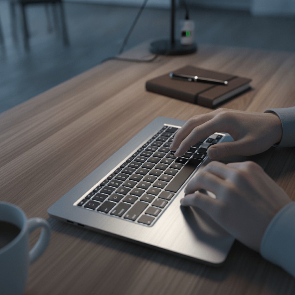 Gros plan sur clavier rétroéclairé de PC portable professionnel avec mains en position de travail